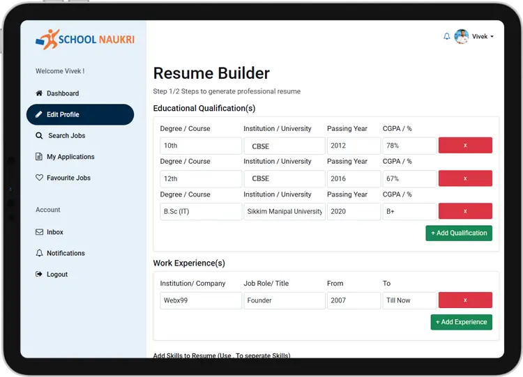 SchoolNaukri teacher resume editor preview