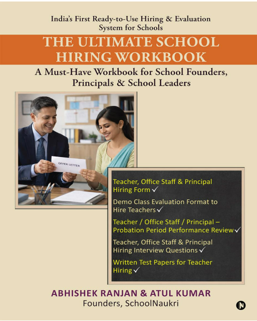 The Ultimate School Hiring Workbook book cover for school owners, principals, and HR teams, featuring practical teacher recruitment strategies, hiring checklists, interview questions, and school staffing best practices.