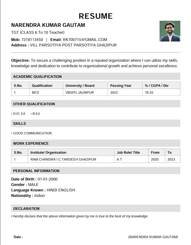 Teacher resume or CV sample for teaching jobs in India showing the ideal format, sections, and professional layout for school teachers.
