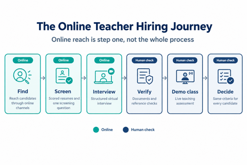 Online teacher hiring process infographic showing six steps: finding candidates, screening resumes, conducting interviews, verifying documents, assessing teaching skills through a demo class, and making the final hiring decision.