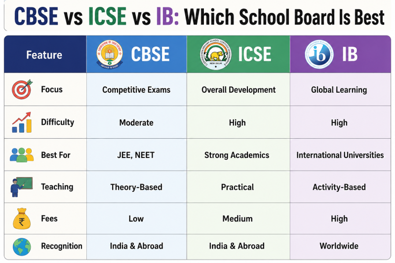 Comparison infographic of CBSE vs ICSE vs IB school boards showing differences in focus, difficulty level, best suited students, teaching approach, fees, and recognition to help parents choose the right school board.