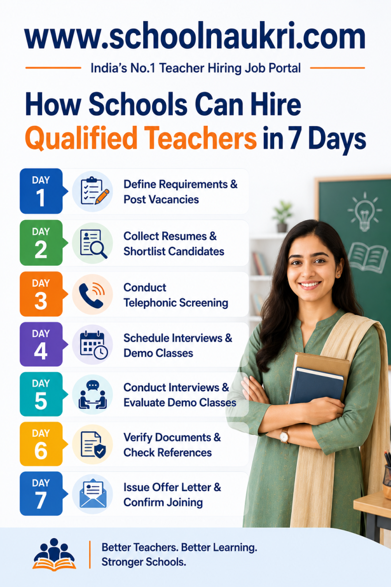 Infographic explaining how schools can hire qualified teachers in 7 days with a step-by-step teacher recruitment process, including job posting, resume shortlisting, interviews, demo classes, document verification, and final hiring through SchoolNaukri.