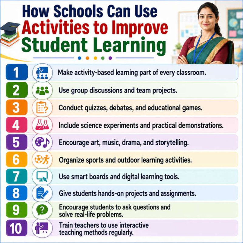 SchoolNaukri infographic on How Schools Can Use Activities to Improve Student Learning featuring activity-based learning strategies such as group discussions, quizzes, science experiments, art, music, drama, sports, digital learning tools, hands-on projects, real-life problem-solving, and interactive teacher training, with a small teacher illustration on a clean educational design.