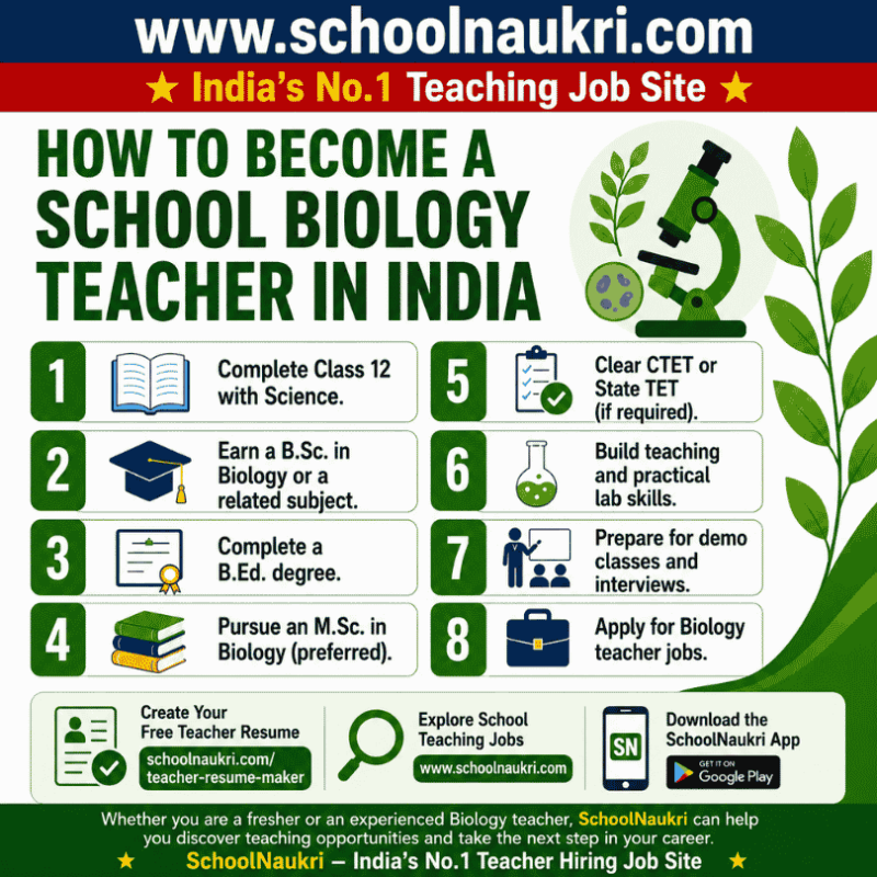 How to become a school Biology teacher in India – qualifications, B.Ed., CTET, and career guide.