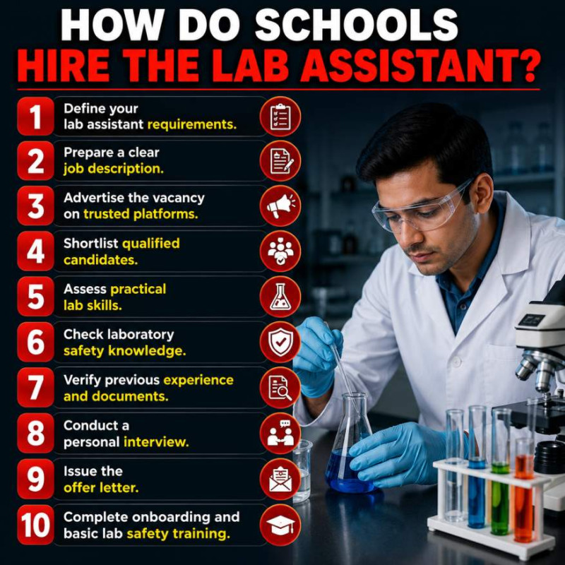SchoolNaukri infographic explaining how schools can hire a Lab Assistant, covering 10 recruitment steps including defining hiring requirements, preparing a job description, advertising the vacancy, shortlisting candidates, assessing practical lab skills, checking laboratory safety knowledge, verifying experience and documents, conducting interviews, issuing an offer letter, and completing onboarding and lab safety training.