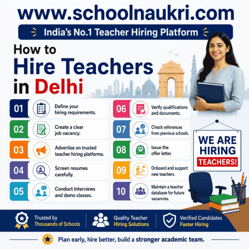 Infographic showing a step-by-step guide on how schools can hire qualified teachers in Delhi, including defining hiring requirements, posting teacher vacancies, screening resumes, conducting interviews and demo classes, verifying documents, checking references, issuing offer letters, and onboarding new teachers through SchoolNaukri.