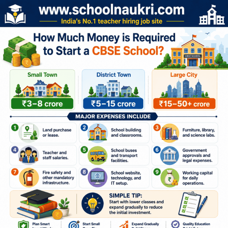 How much money is required to start a CBSE school in India, showing estimated investment and major school setup expenses.