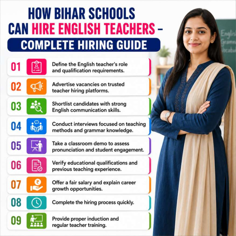 SchoolNaukri infographic titled "How Bihar Schools Can Hire English Teachers – Complete Hiring Guide" featuring a step-by-step teacher recruitment process for Bihar schools, including defining the English teacher role, advertising vacancies, shortlisting candidates, conducting interviews and demo classes, verifying qualifications, offering fair salaries, completing recruitment quickly, and providing teacher induction and training, alongside a professional female English teacher.