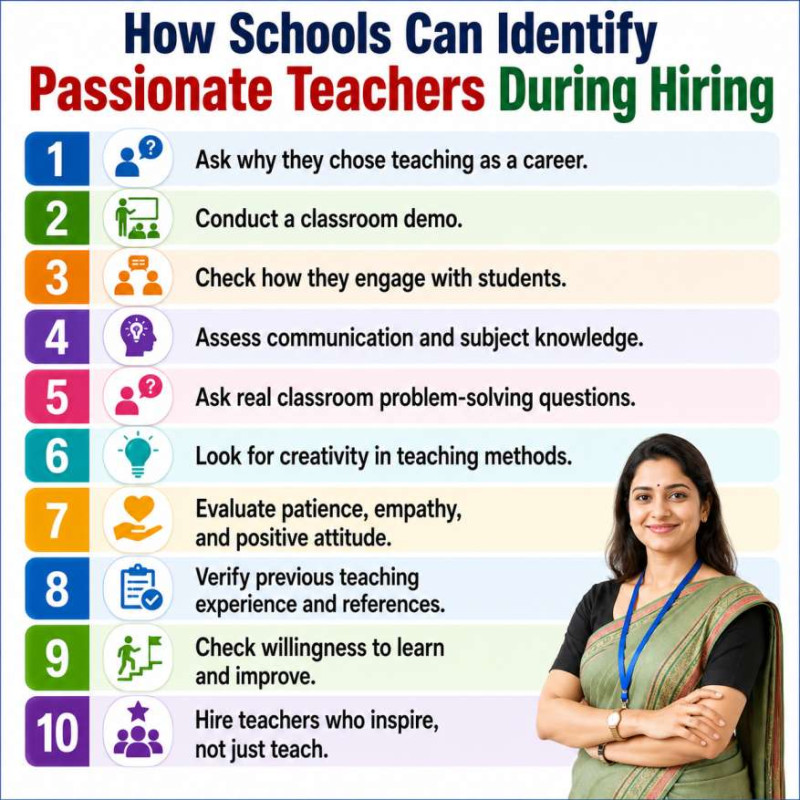 SchoolNaukri infographic on How Schools Can Identify Passionate Teachers During Hiring, highlighting practical hiring tips such as conducting classroom demos, assessing communication and subject knowledge, evaluating creativity, empathy, problem-solving skills, teaching experience, willingness to learn, and identifying teachers who inspire students.