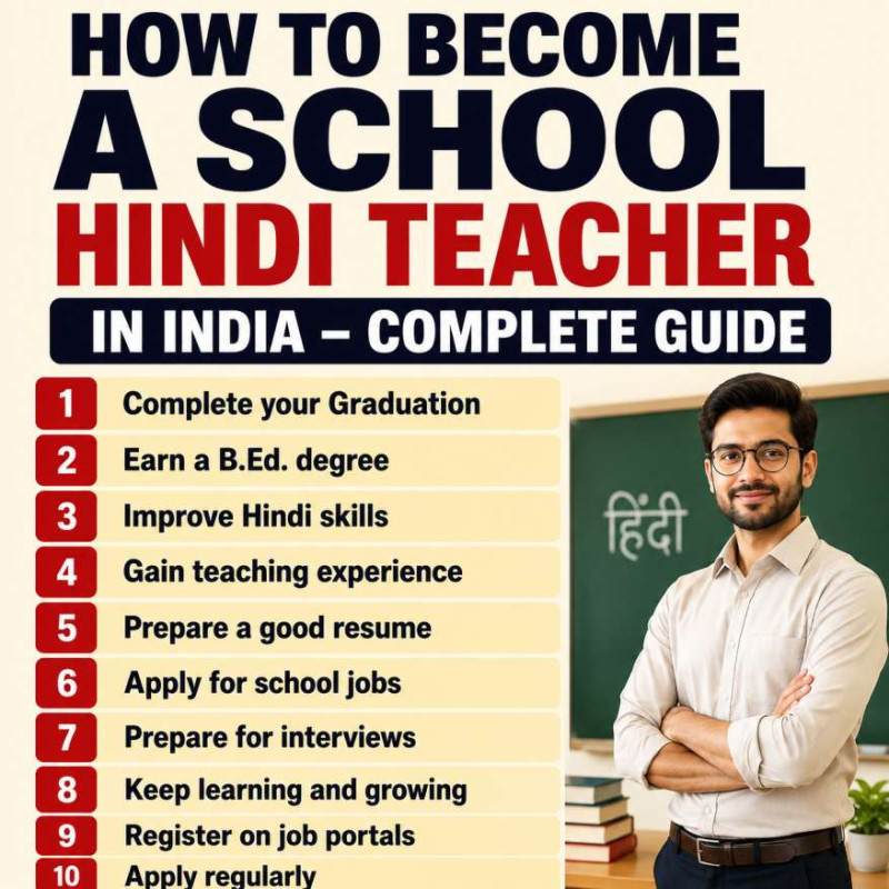 SchoolNaukri infographic titled "How to Become a School Hindi Teacher in India – Complete Guide" showing the step-by-step career path to become a school Hindi teacher, including graduation, B.Ed. qualification, improving Hindi language skills, gaining teaching experience, preparing a professional resume, applying for school jobs, interview preparation, continuous learning, registering on teacher job portals, and applying regularly, alongside a professional Indian male Hindi teacher.