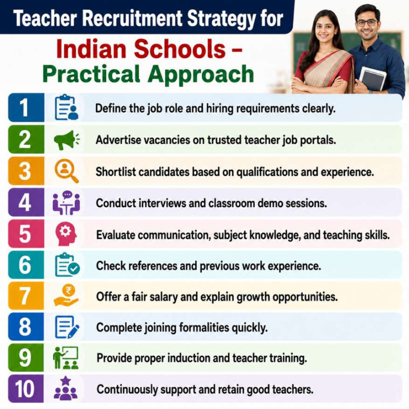 SchoolNaukri infographic titled "Teacher Recruitment Strategy for Indian Schools – Practical Approach" featuring step-by-step teacher recruitment tips, including defining hiring requirements, advertising vacancies, shortlisting candidates, conducting interviews and demo classes, evaluating teaching skills, checking references, offering fair salaries, completing joining formalities, providing teacher induction and training, and retaining good teachers, with small teacher illustrations.