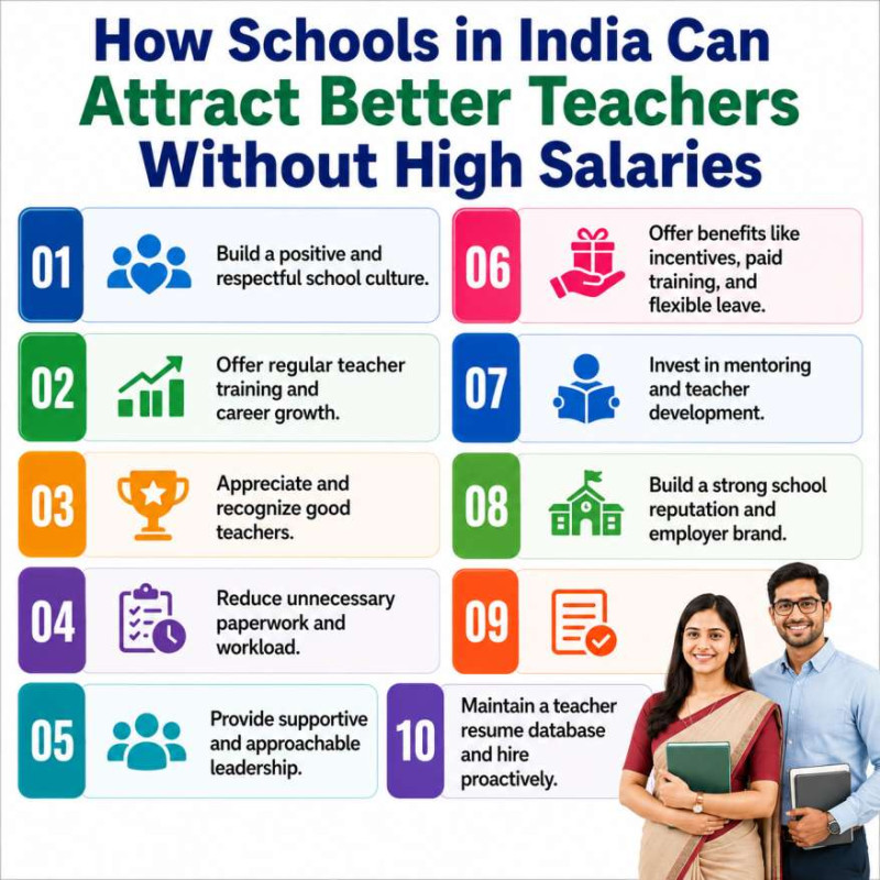 SchoolNaukri infographic titled "How Schools in India Can Attract Better Teachers Without High Salaries" highlighting practical strategies for schools, including building a positive school culture, offering teacher training and career growth, recognizing good teachers, reducing workload, providing supportive leadership, offering incentives, investing in mentoring, building a strong school reputation, simplifying the hiring process, and maintaining a teacher resume database, with small professional teacher illustrations.